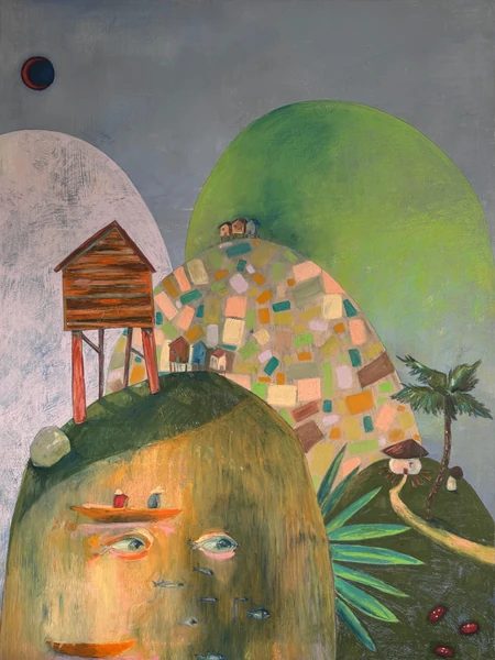A dream landscape with a mountain's face, fish, a raised house and a palm tree.
